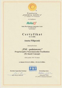 Certyfikat ze szkolenia Aneta Filipczuk (PNF) proprioceptive neuromuscular facilitation