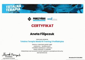 Certyfikat ze szkolenia Aneta Filipczuk - Certyfikat ze szkolenia Aneta Filipczuk Trening i profilaktyka